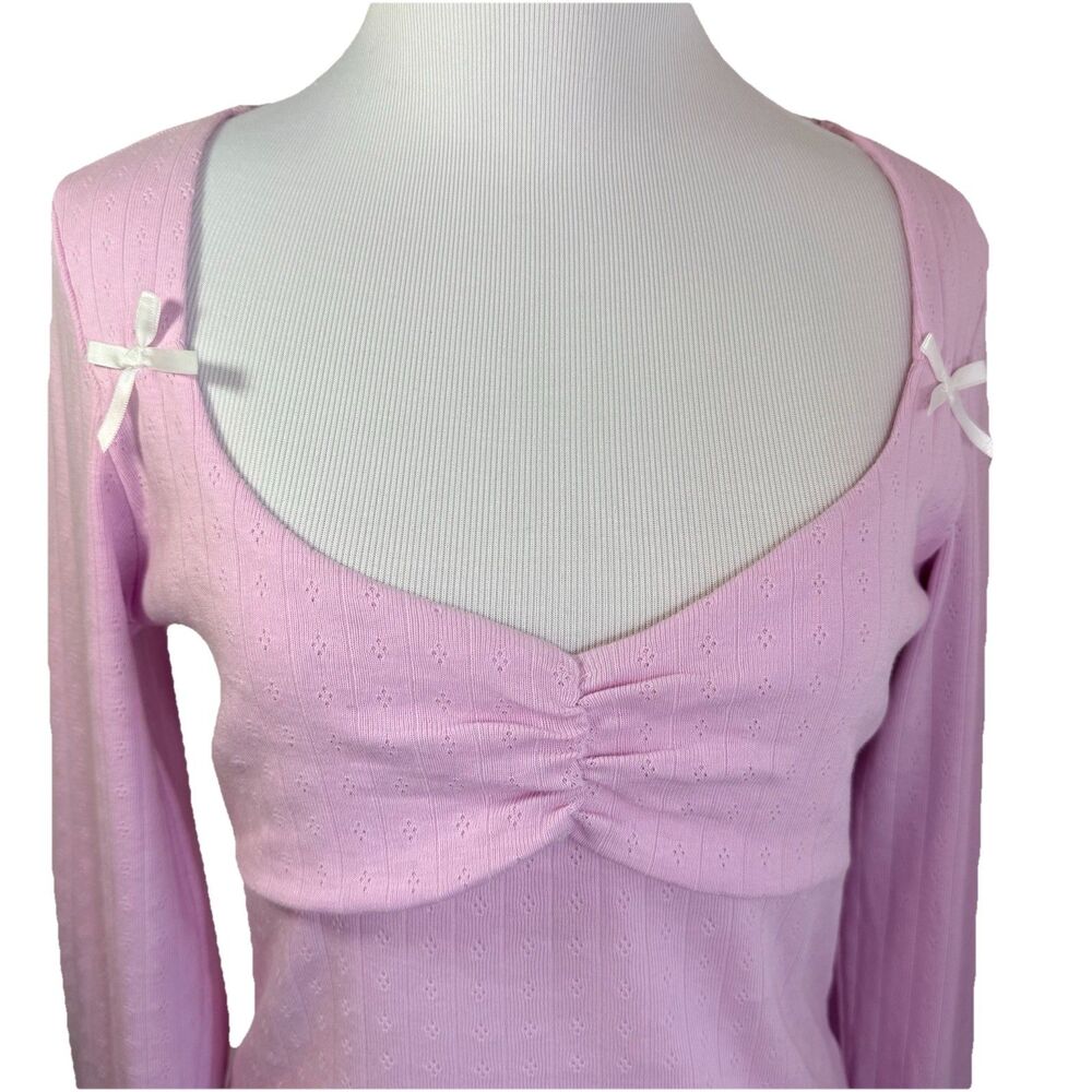 RSQ Long-Sleeve Shirt L Pink Pointelle Bow Coquette Cottagecore Cute BalletCore - Picture 6 of 14